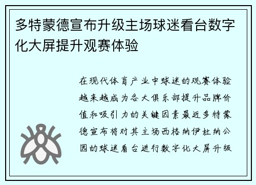 多特蒙德宣布升级主场球迷看台数字化大屏提升观赛体验 多特蒙德宣布升级主场球迷看台数字化大屏提升观赛体验